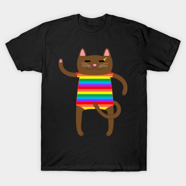 Brown Cat Wearing a Rainbow Striped Onesie One Piece Swimsuit T-Shirt by Babey Bog